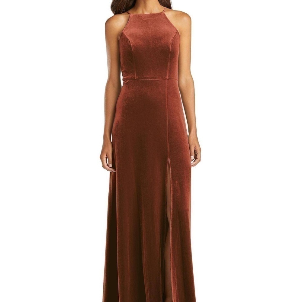 NWT Lovely Harper Velvet Halter Maxi Dress with Front Slit Auburn Moon Size 12